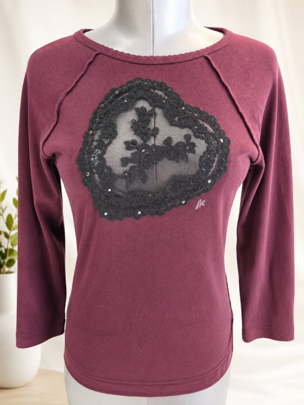 Sonia Rykiel Paris Burgundy Cotton Lace Rhinestone Long Sleeve Top Size L - Picture 2 of 10